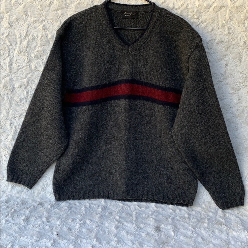 Eddie Bauer 100% Wool Gray/Red Sweater SzLG